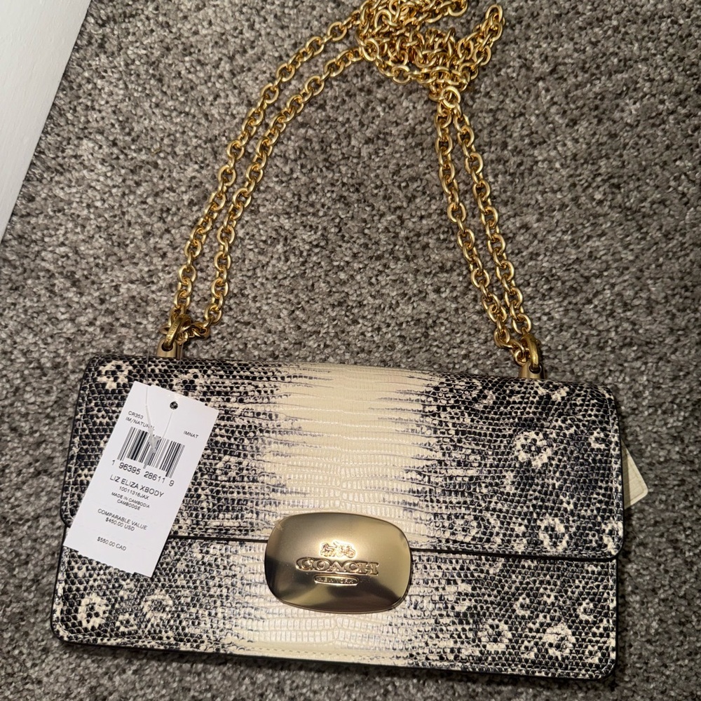 Coach Black and Cream Shoulder Bag with Gold Chain